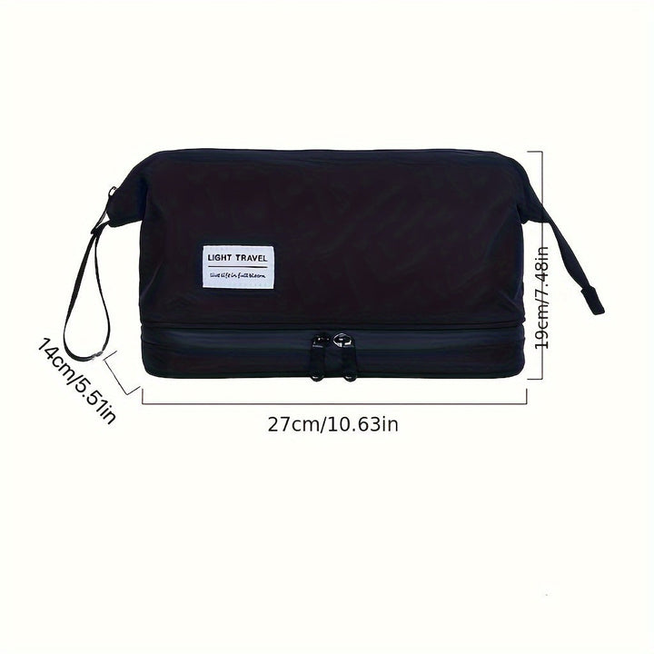 Borsa da viaggio nera con cerniera, etichetta "Light Travel", dimensioni 27x19x14 cm. Ideale per organizzare accessori da viaggio.