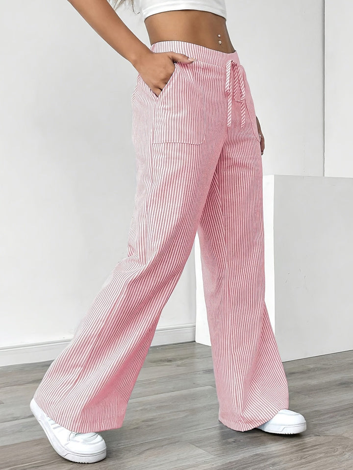 Pantaloni Donna Lounge in Tessuto a Righe Vita Alta Gamba Larga