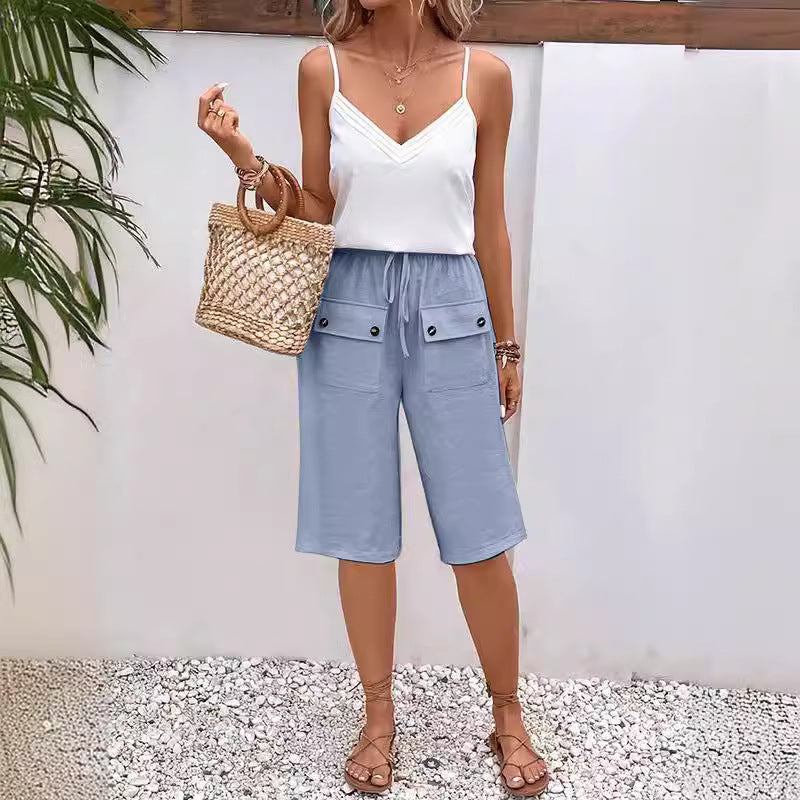 Pantaloncini Donna Leggeri Cotone Casual Vita Elastica Ampi - Vesarelli