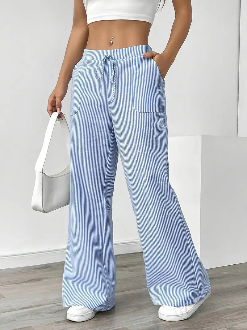 Pantaloni Donna Lino Leggeri Traspiranti Gamba Larga Tasche