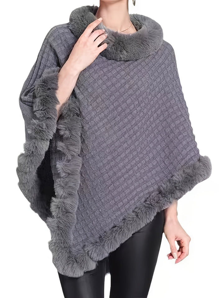 Poncho Donna in Acrilico Lavorato a Maglia Bordo Pelliccia Morbido
