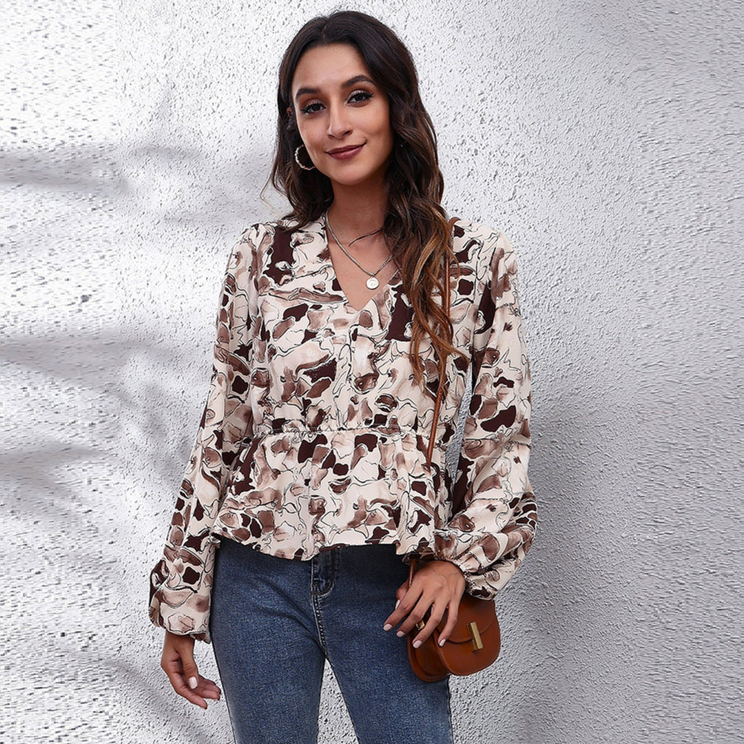 Blusa Donna Leggera Tessuto Stampato Manica Lunga