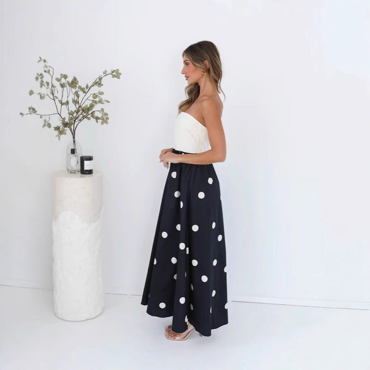 Abito Lungo Donna Patchwork Pois Scollo a Trapezio