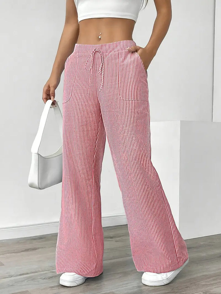 Pantaloni Donna Lino Leggeri Traspiranti Gamba Larga Tasche