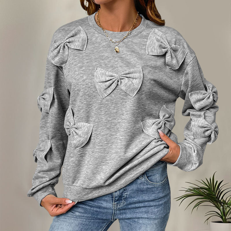 Maglione Donna Morbido Felpa Girocollo Nodo Cucito Casual