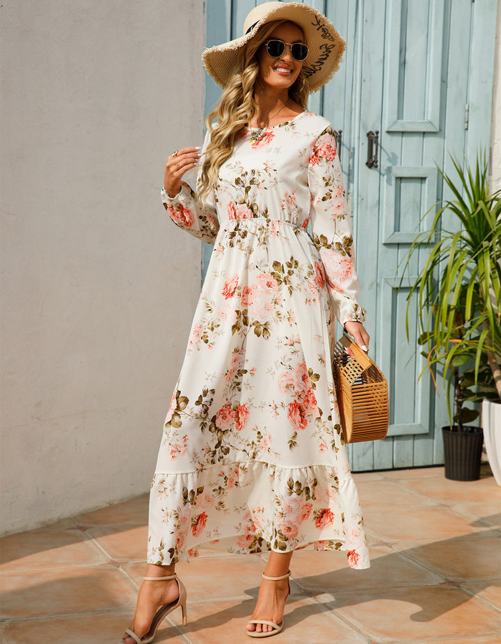 Abito Donna in Chiffon Floreale Scollo Rotondo Elegante