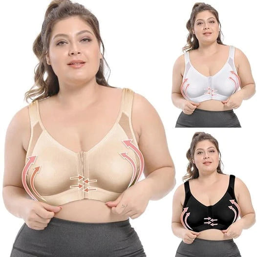 Reggiseno contenitivo donna taglie forti, senza ferretto, in tre colori: beige, bianco, nero. Design con chiusura frontale e supporto laterale.
