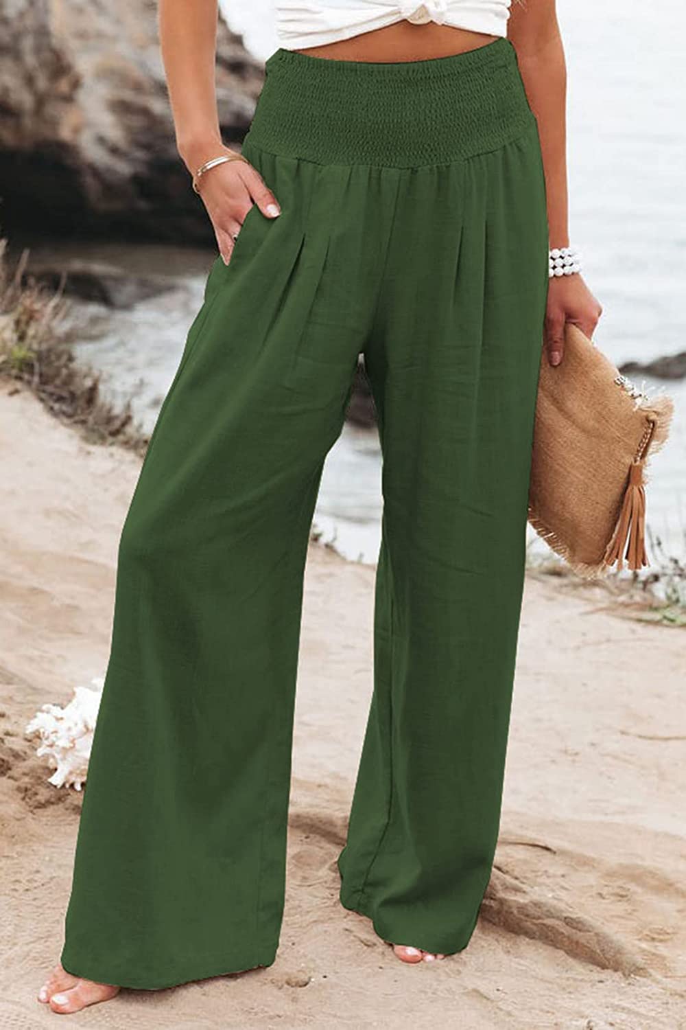 Pantaloni Donna in Lino Vita Elastica Vestibilità Ampia