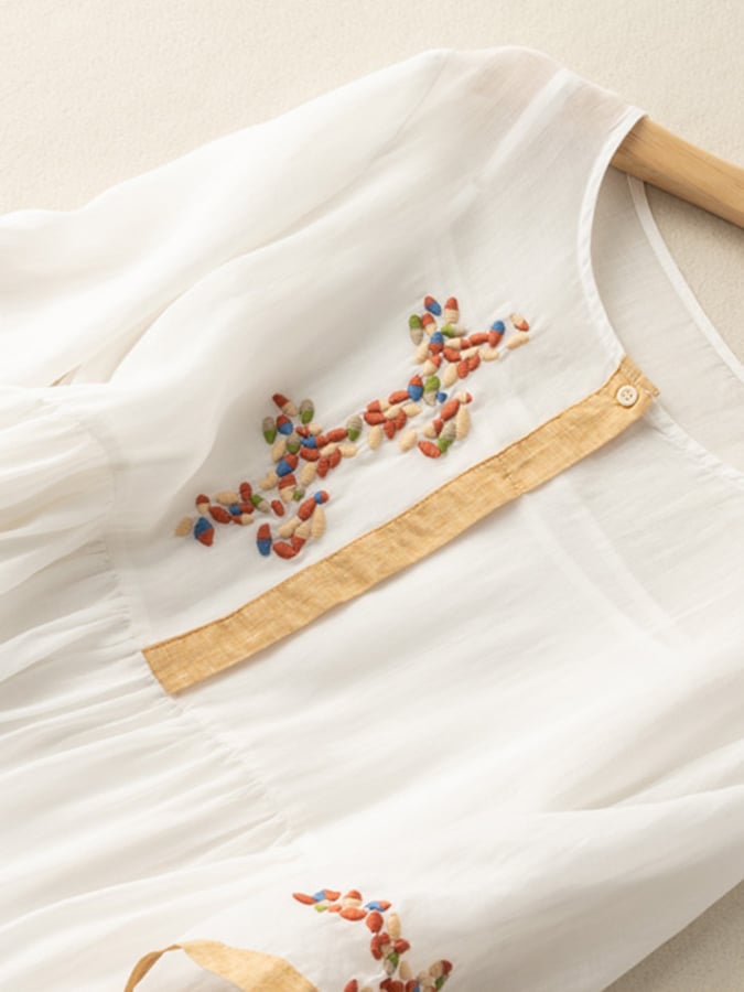 Abito Donna in Cotone e Lino Ricamato Vestibilità Comoda