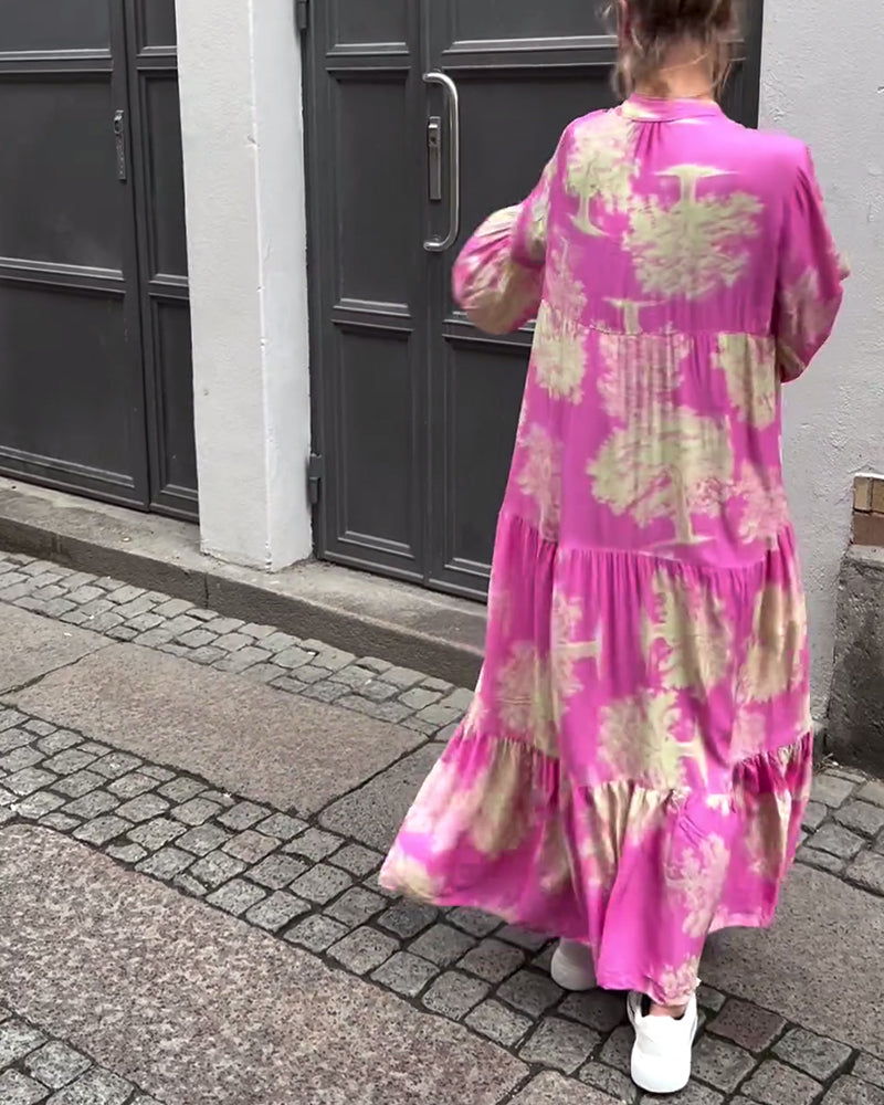 Abito Lungo Donna Stampato Maniche Arricciate Vestibilità Ampia