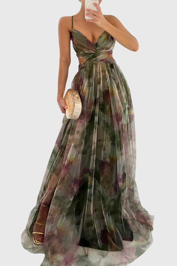 Abito Maxi Donna in Tessuto Stampa Botanica Linea Allungante