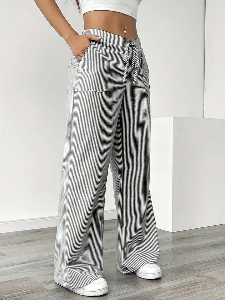 Pantaloni Donna Lino Leggeri Traspiranti Gamba Larga Tasche