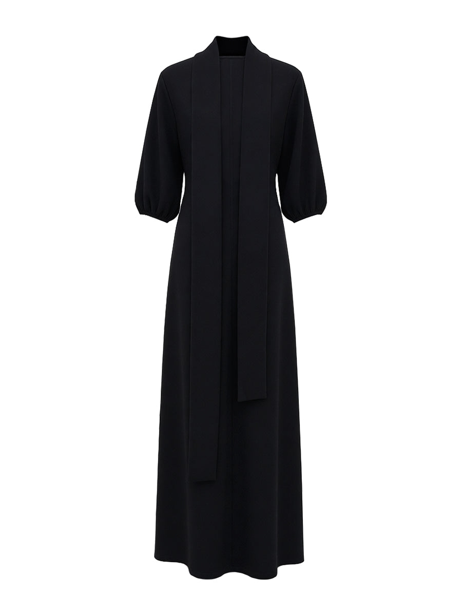 Abito Maxi Donna Maniche a Sbuffo Collo Alto Bottoni