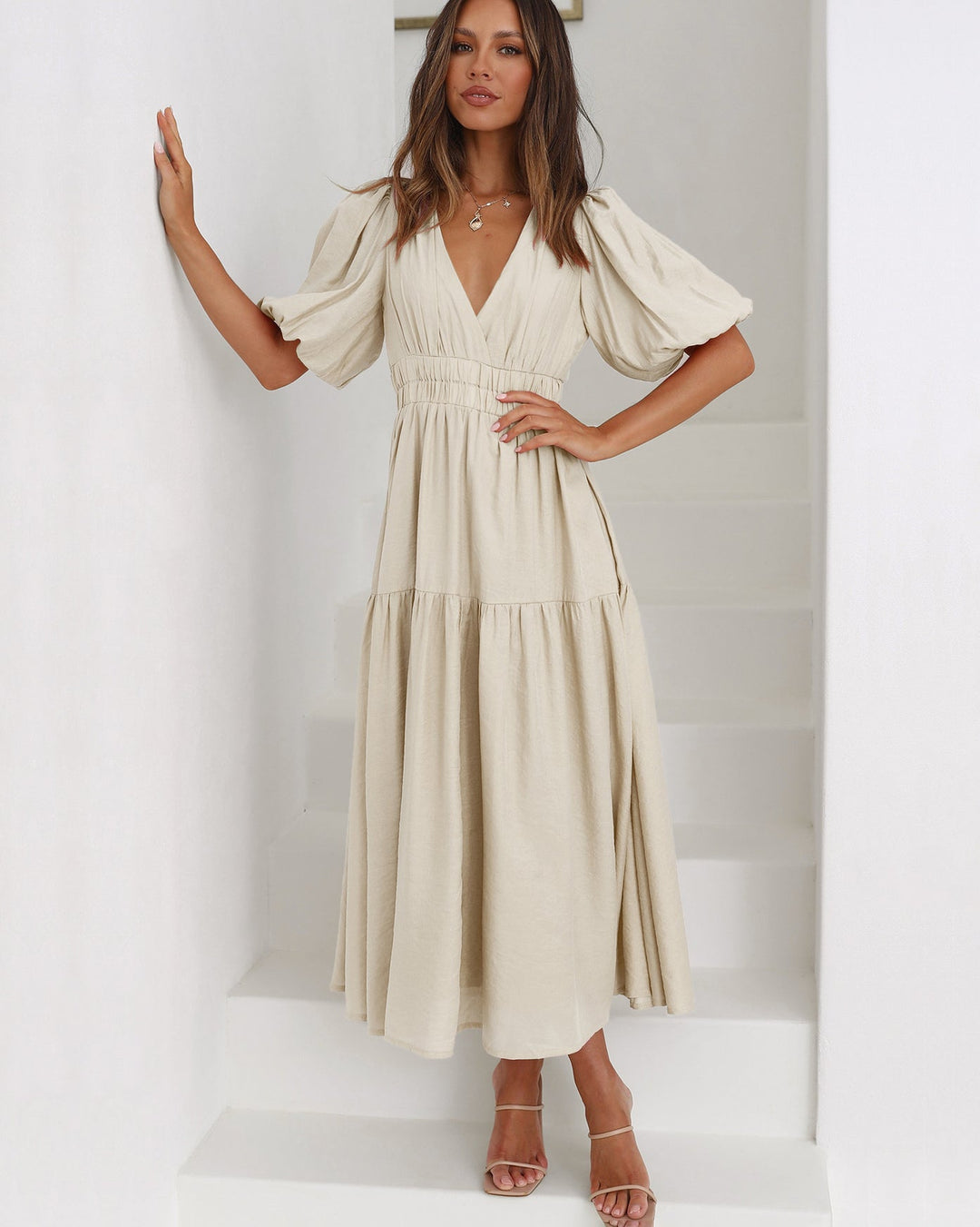 Abito Maxi Donna Maniche a Sbuffo Scollo a V Elegante - Vesarelli
