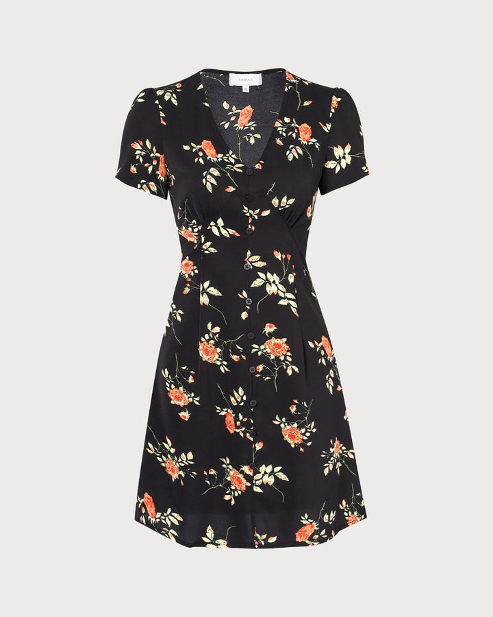 Abito Mini Donna Floreale Scollo a V Abbottonato Linea A