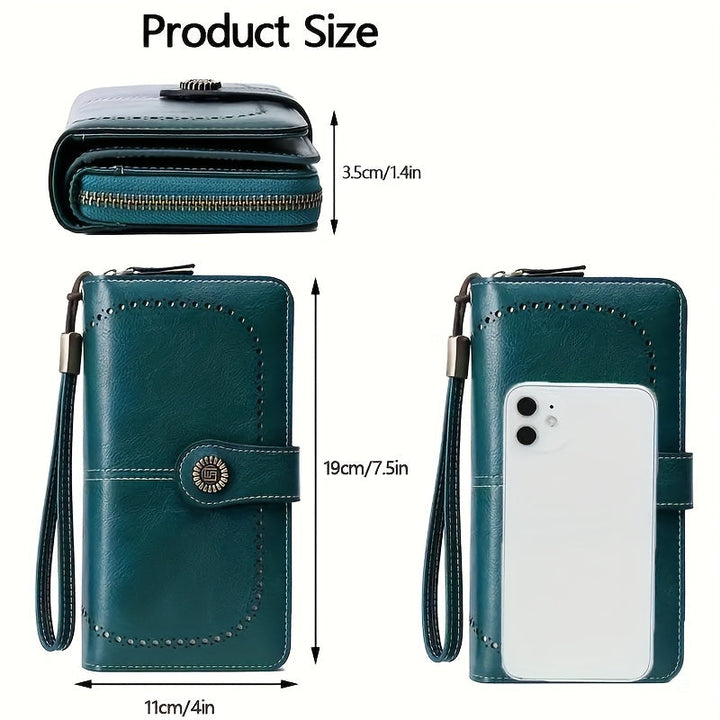 Portafoglio donna in pelle verde con cerniera, cinturino da polso e chiusura a bottone, dimensioni 19x11x3,5 cm, compatibile con smartphone.
