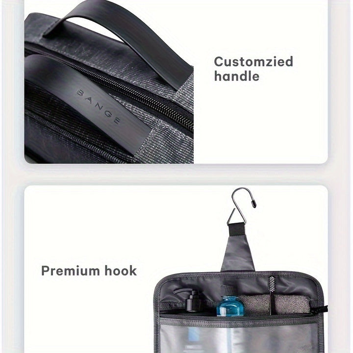 Manico personalizzato e gancio premium su borsa da viaggio Bange, ideale per organizzare articoli da toeletta. Design funzionale e resistente.
