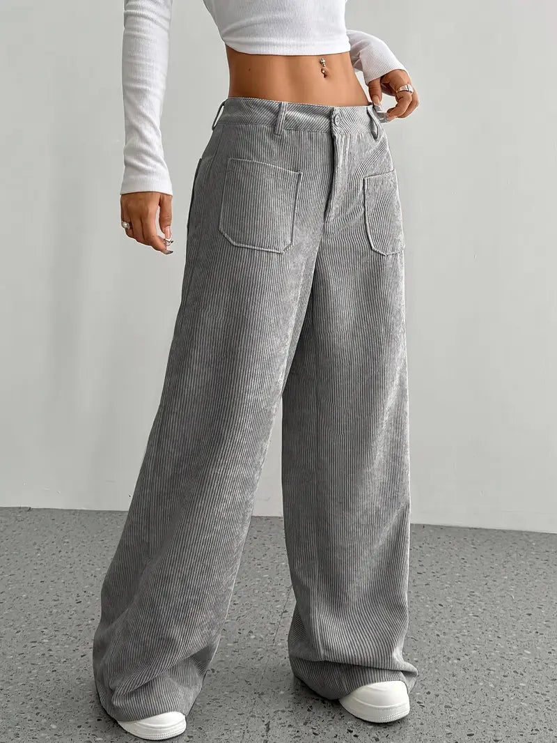 Pantaloni Donna a Coste Vita Alta Gamba Larga