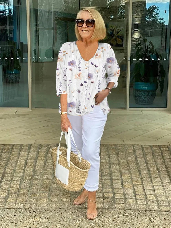 Blusa Donna in Lino Floreale Scollo a V Leggera Comoda