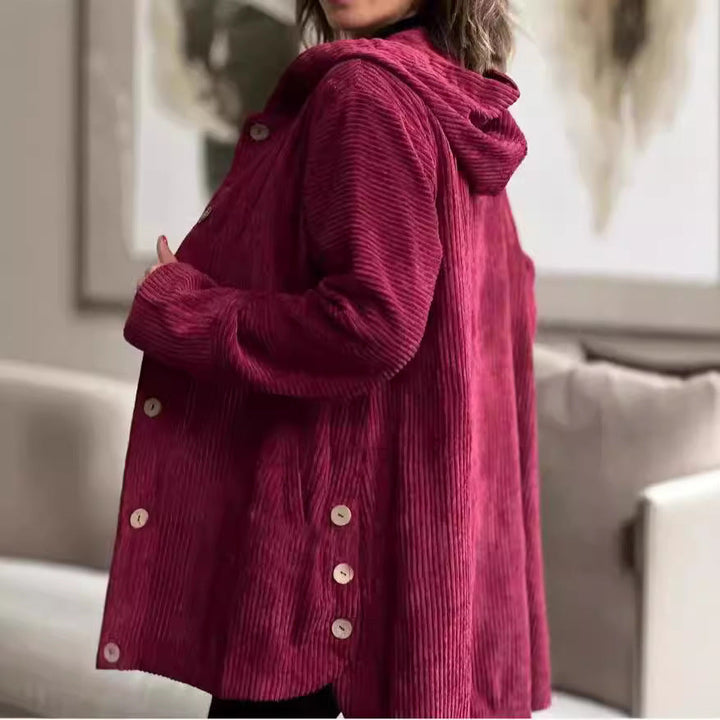 Giacca Donna in Velluto a Coste con Cappuccio Maglione Casual Media