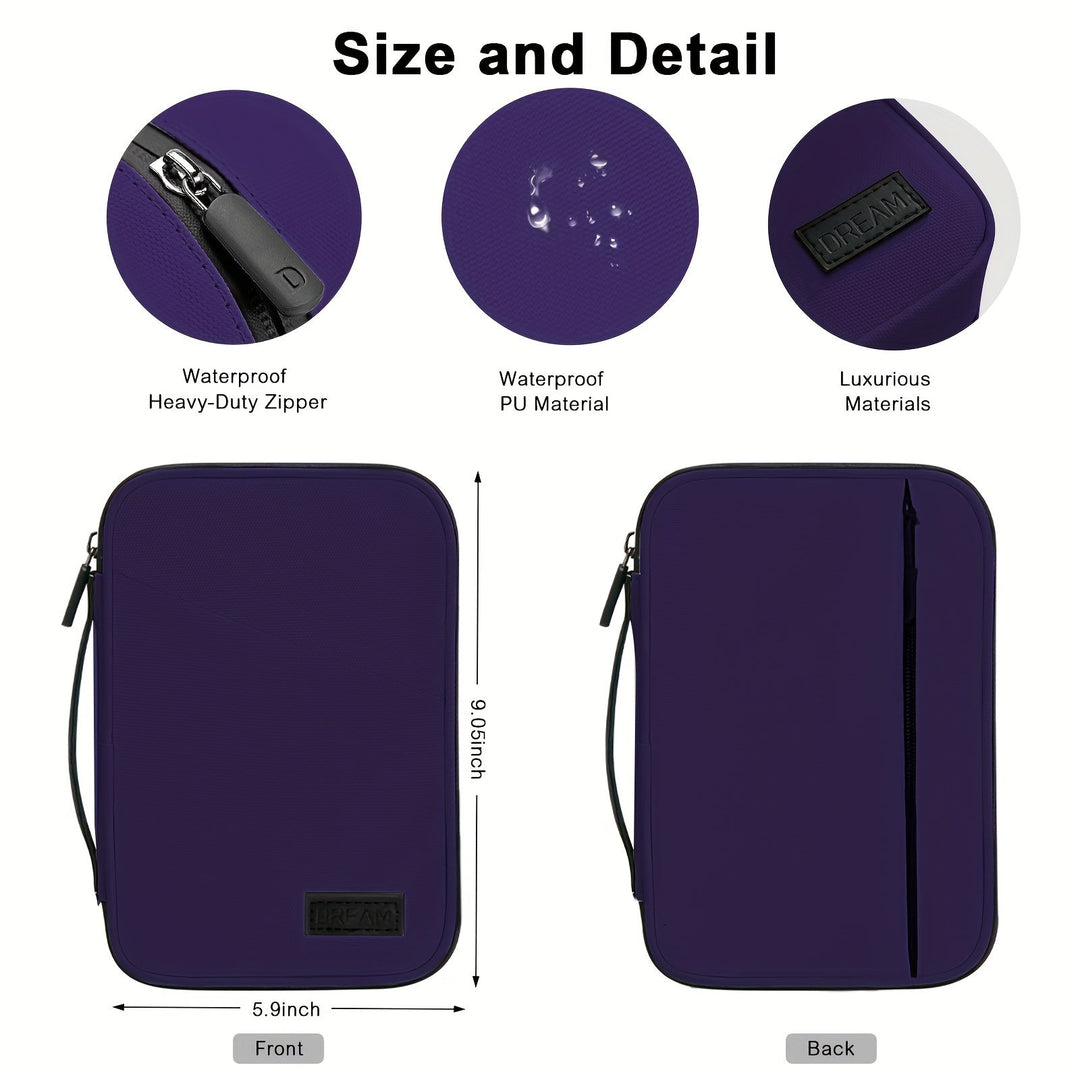 Custodia viola impermeabile con cerniera robusta, materiale PU, design lussuoso, dimensioni 9.5x5.9 pollici, ideale per protezione dispositivi elettronici.