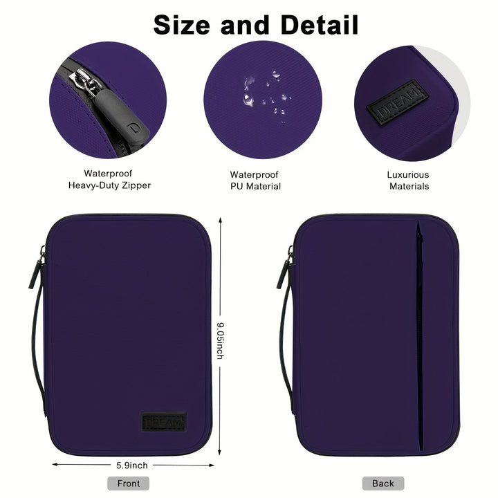 Custodia viola impermeabile con cerniera robusta, materiale PU, design lussuoso, dimensioni 9.5x5.9 pollici, ideale per protezione dispositivi elettronici.