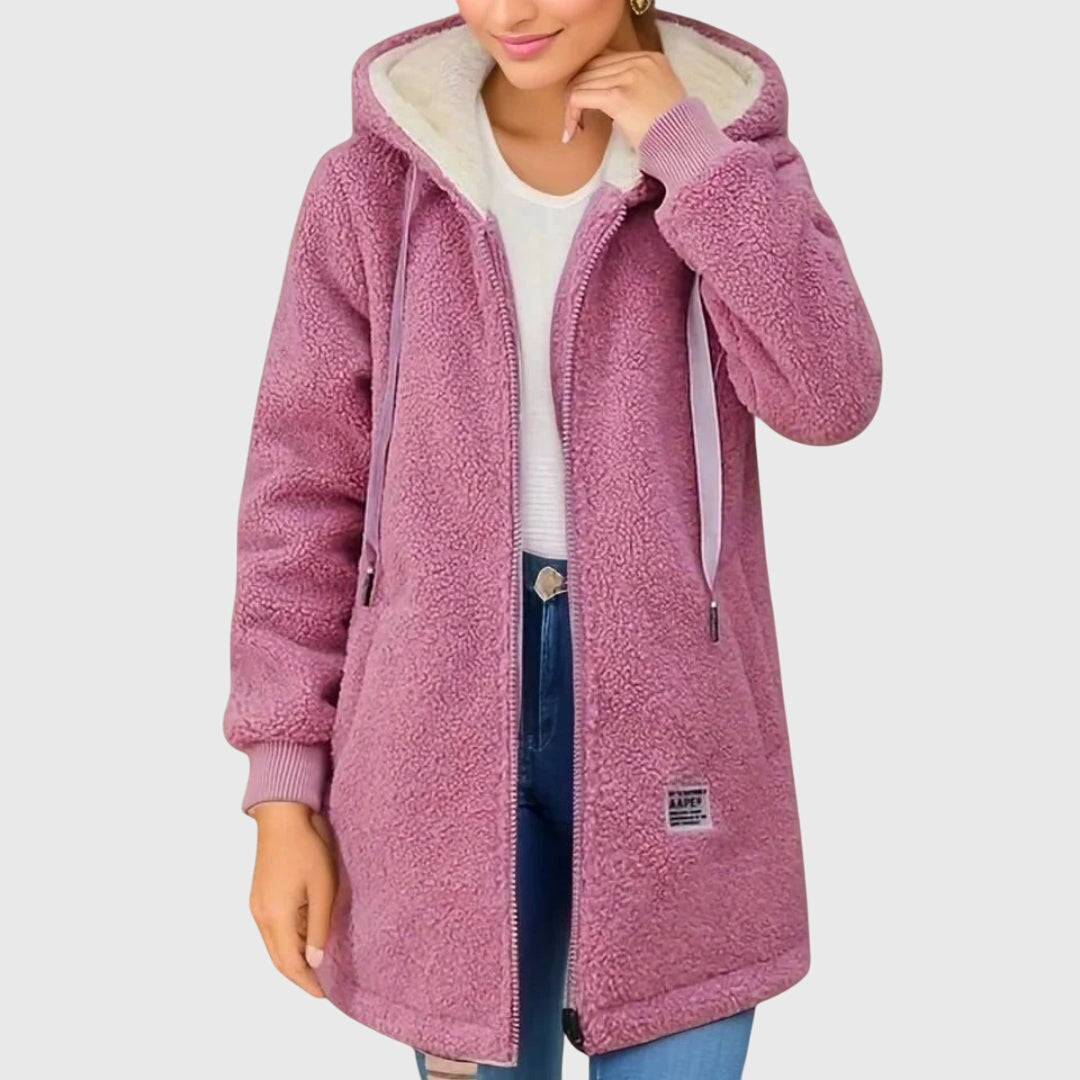 Giacca Donna in Pile con Cappuccio Morbida con Cerniera