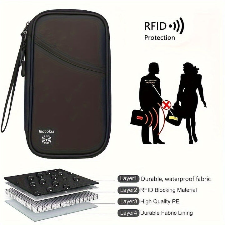 Custodia nera per passaporto con protezione RFID, materiale impermeabile e durevole, ideale per viaggi sicuri. Design compatto e resistente.