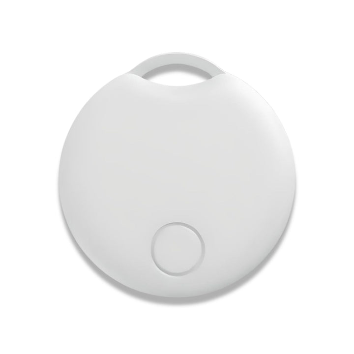 Dispositivo di localizzazione Bluetooth bianco, design rotondo e compatto, ideale per tracciare oggetti personali. Tecnologia avanzata, portatile.