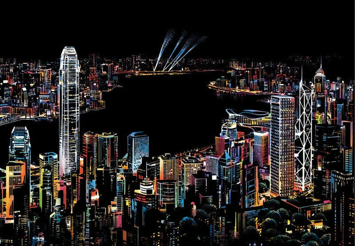 Vista notturna skyline Hong Kong, grattacieli illuminati, architettura moderna, luci città, baia Victoria, metropoli asiatica, turismo urbano.
