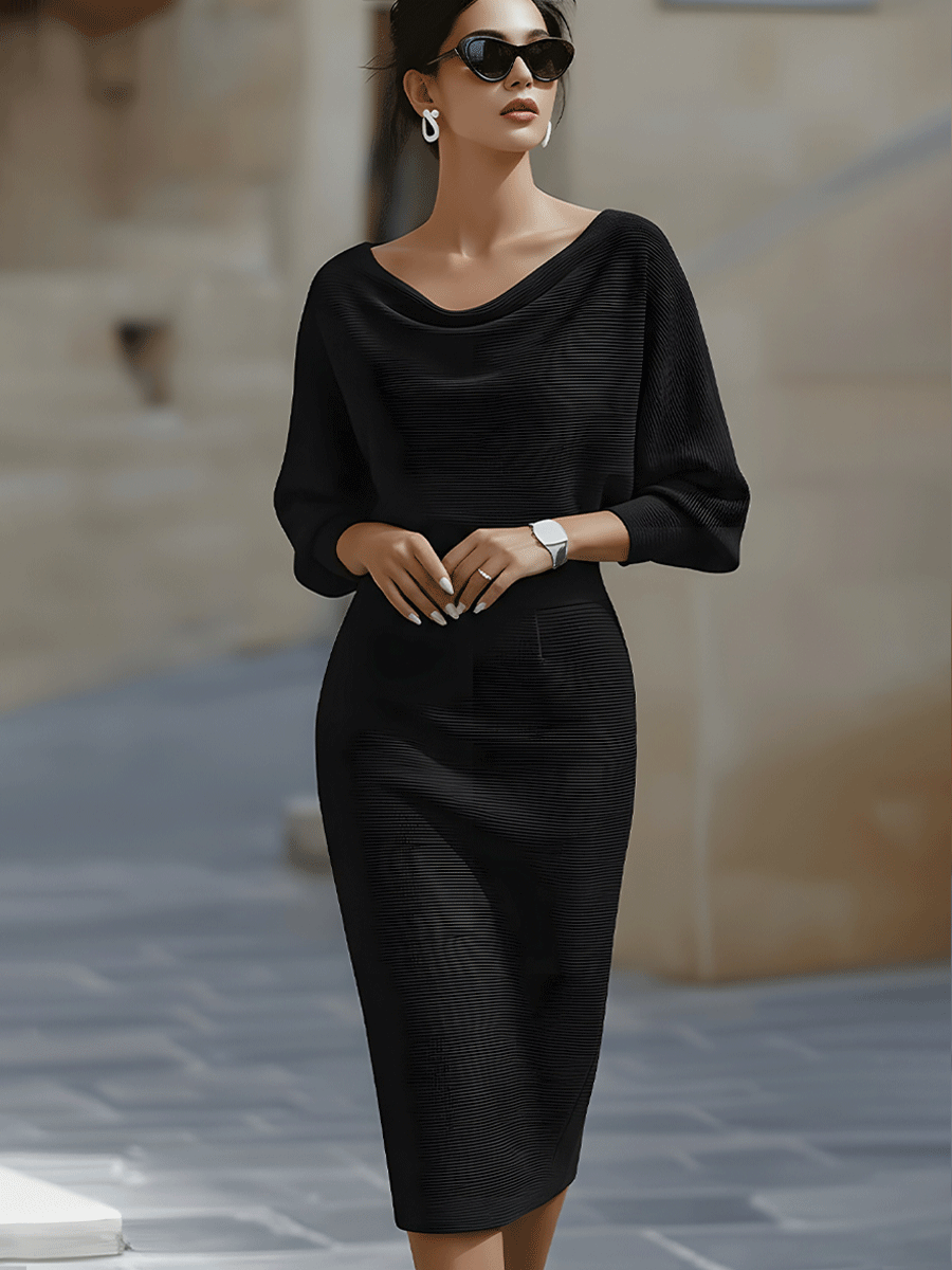 Abito Midi Donna Maniche a Pipistrello Drappeggiate