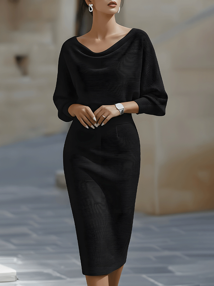 Abito Midi Donna Maniche a Pipistrello Drappeggiate