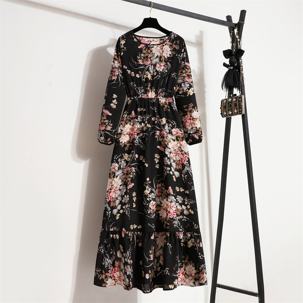 Abito Donna in Chiffon Floreale Scollo Rotondo Elegante