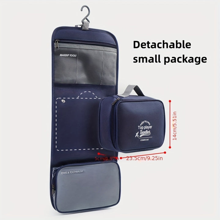 Organizer da viaggio blu con gancio, tasche trasparenti e borsa staccabile. Ideale per cosmetici e accessori. Dimensioni: 23.5x14x5 cm.