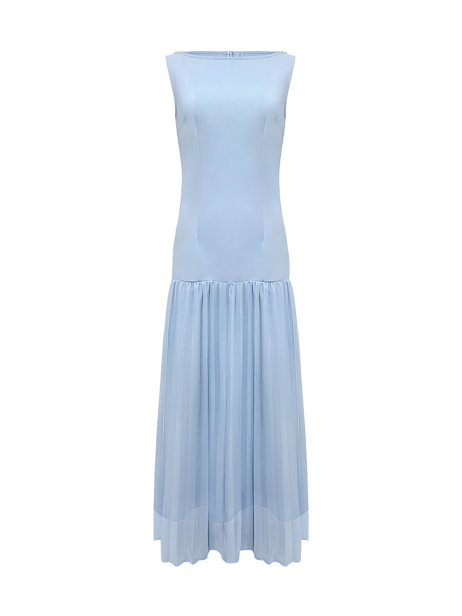 Vestito Maxi Donna Plissettato Scollo a Barca Senza Maniche Spacco