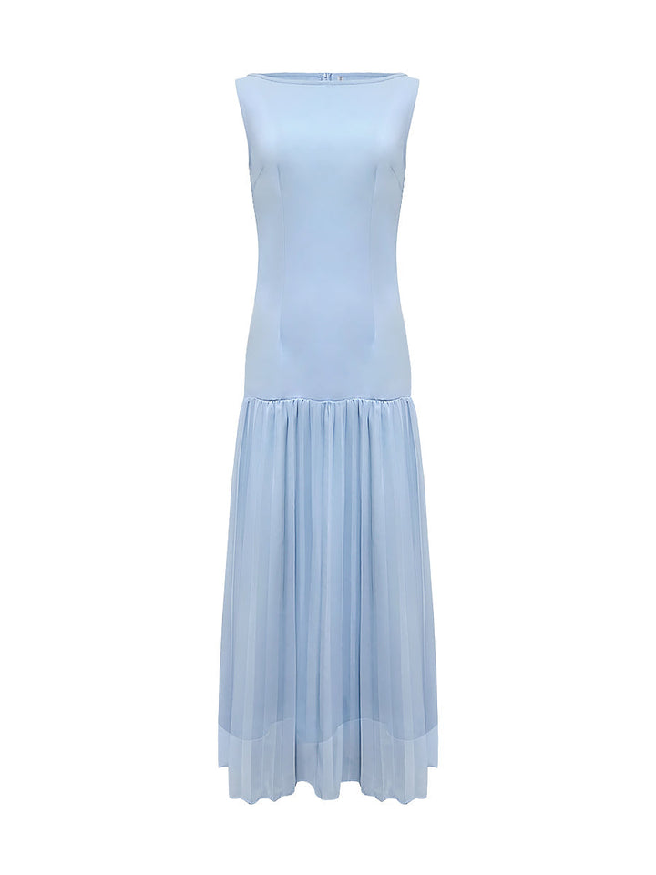 Vestito Maxi Donna Plissettato Scollo a Barca Senza Maniche Spacco