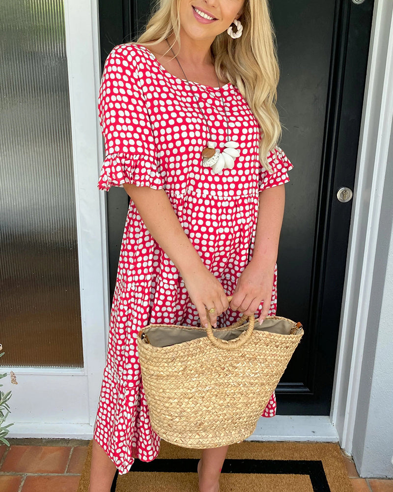 Abito Midi Donna Scollo Tondo Stampa Pois