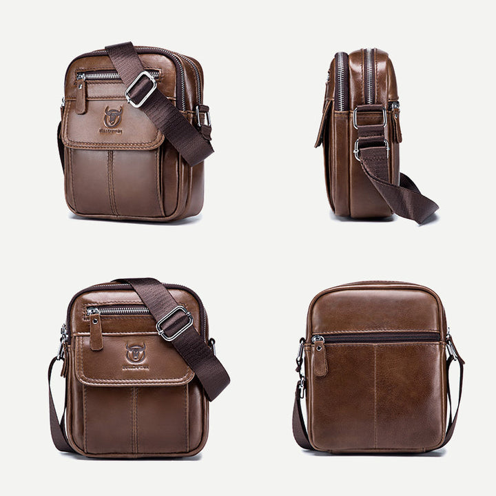 Borsa a tracolla in pelle marrone, design compatto, con cerniere e tasche multiple, ideale per uomo, stile casual ed elegante.