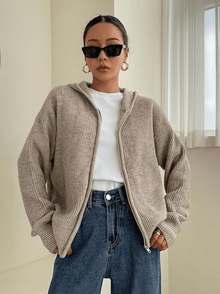 Felpa Donna in Maglia con Cappuccio e Cerniera