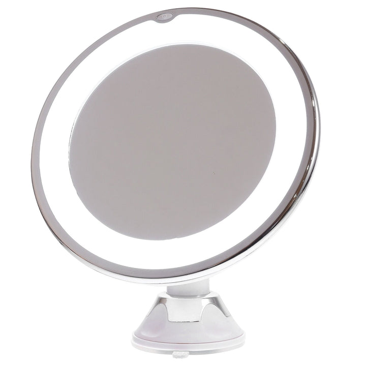 Specchio cosmetico rotondo con luce LED, ingrandimento, montaggio a ventosa, ideale per trucco e cura del viso, design moderno ed elegante.