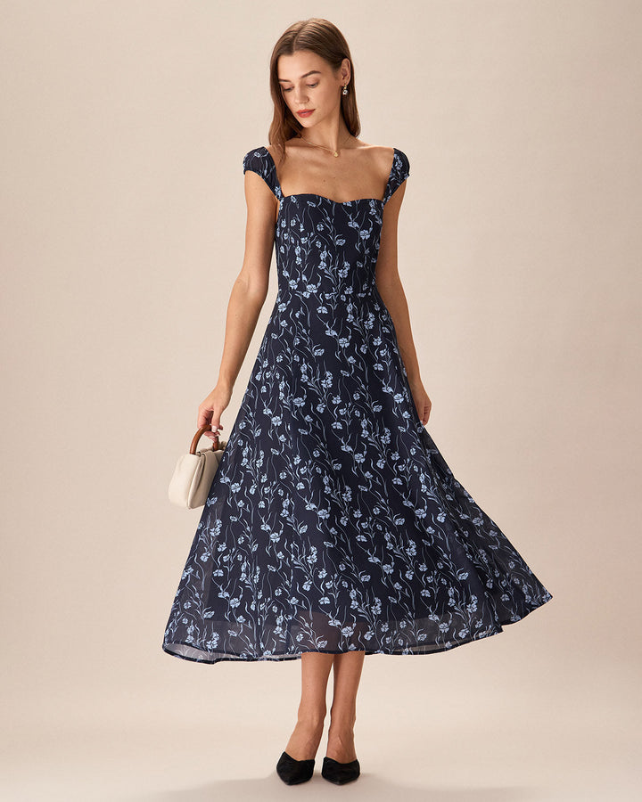 Abito Midi Donna in Tessuto Floreale Scollo a Cuore