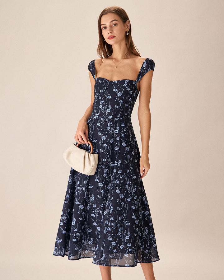 Abito Midi Donna in Tessuto Floreale Scollo a Cuore
