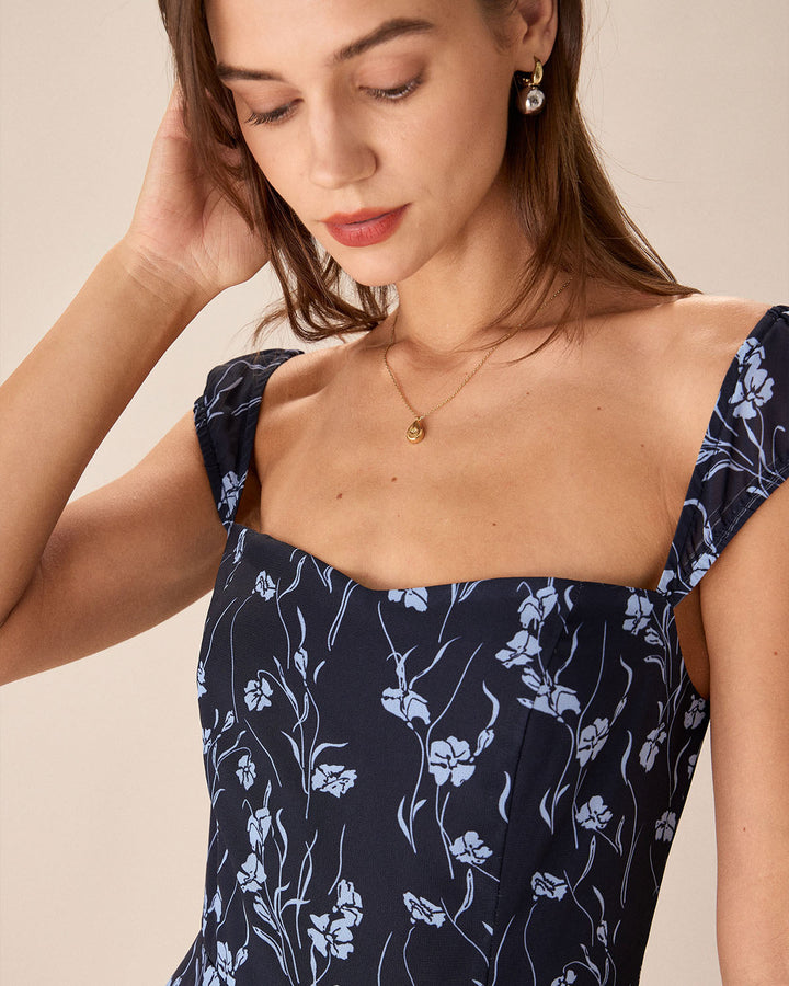 Abito Midi Donna in Tessuto Floreale Scollo a Cuore