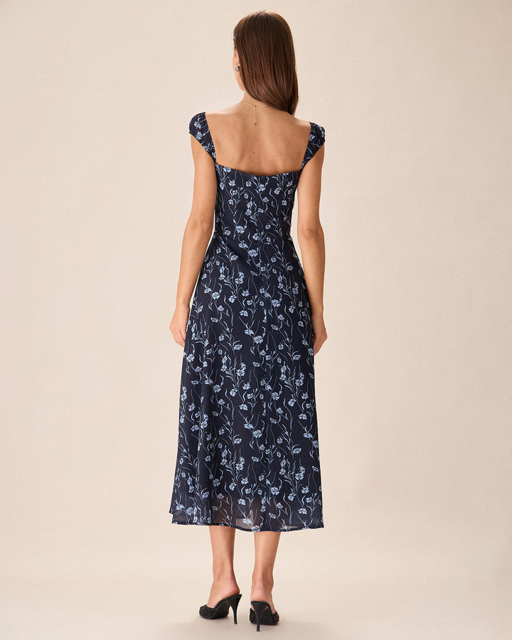 Abito Midi Donna in Tessuto Floreale Scollo a Cuore