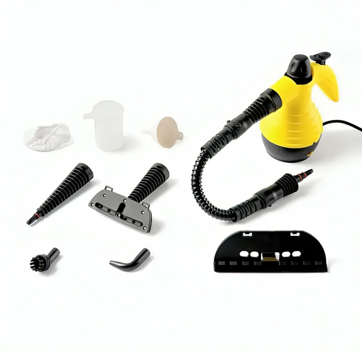 Pulitore a vapore portatile giallo con accessori multipli, ideale per pulizia domestica, rimozione macchie e igienizzazione superfici.