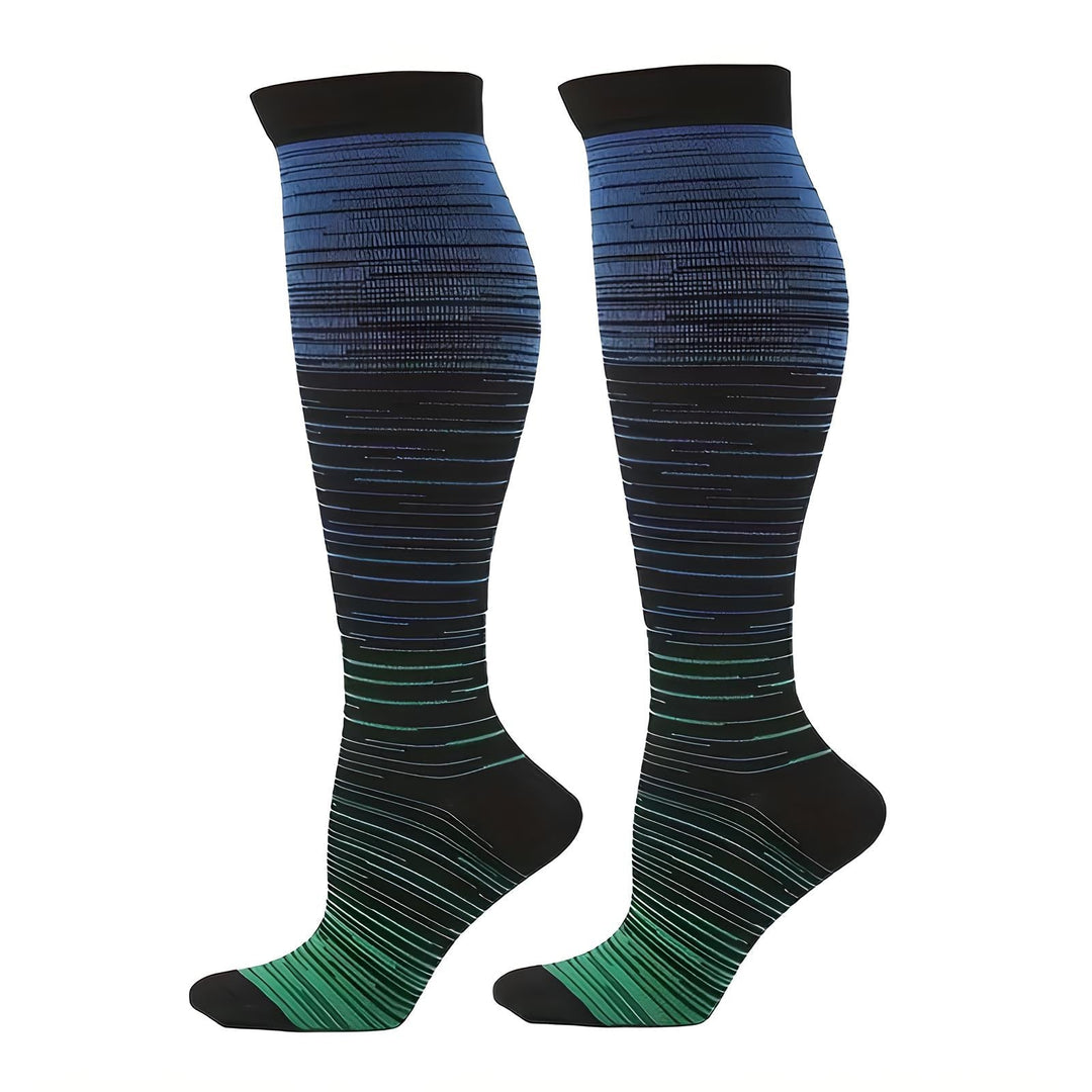 Calze a compressione graduata blu e verdi, altezza al ginocchio, design a righe, unisex, ideali per sport e viaggi, migliorano la circolazione.