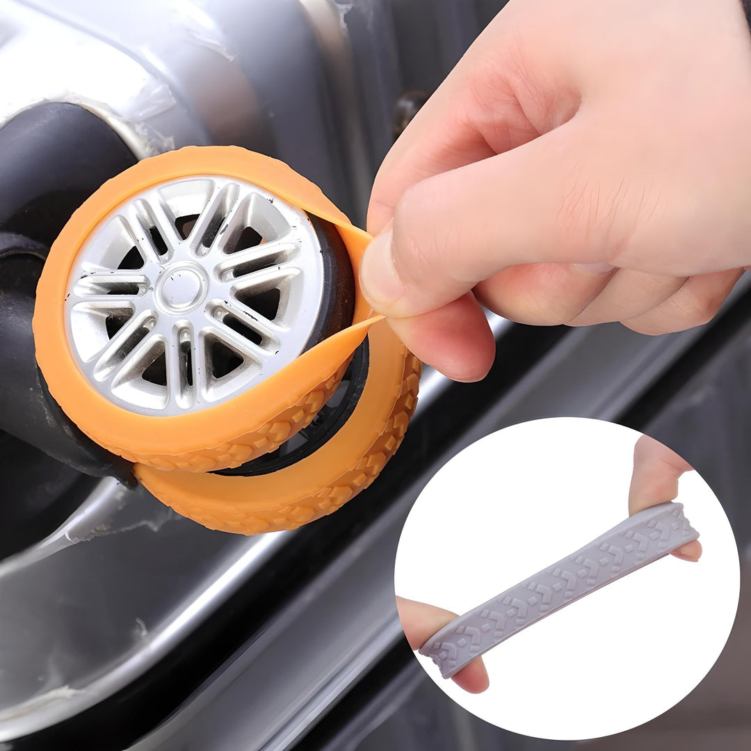 Ruota giocattolo con pneumatico in silicone arancione, dettagliata con cerchione argentato. Include immagine di pneumatico grigio. Accessorio per modellini auto.