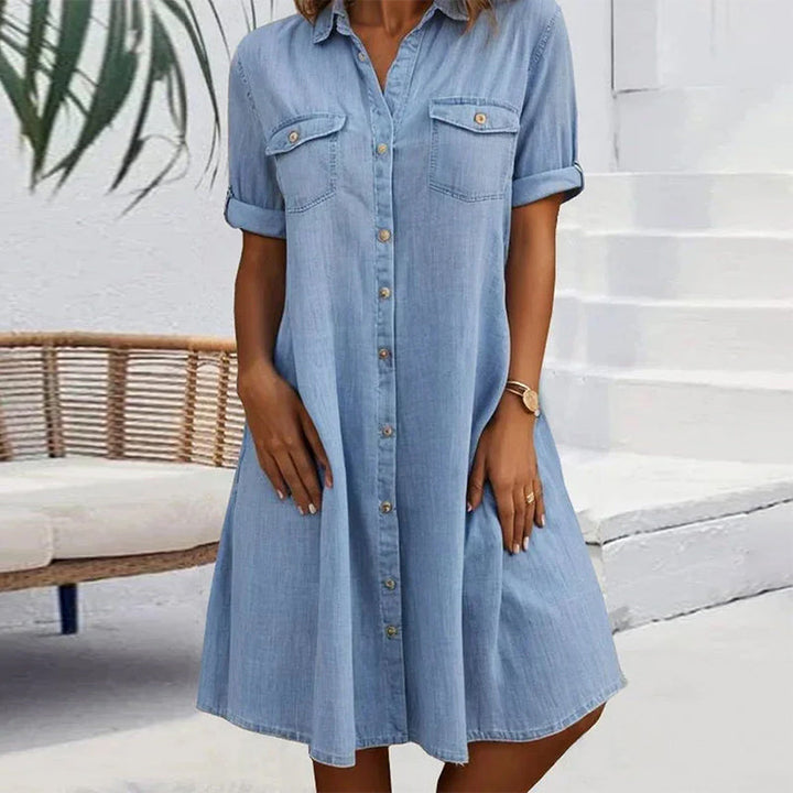 Abito Midi Donna con Colletto a Revers e Bottoni