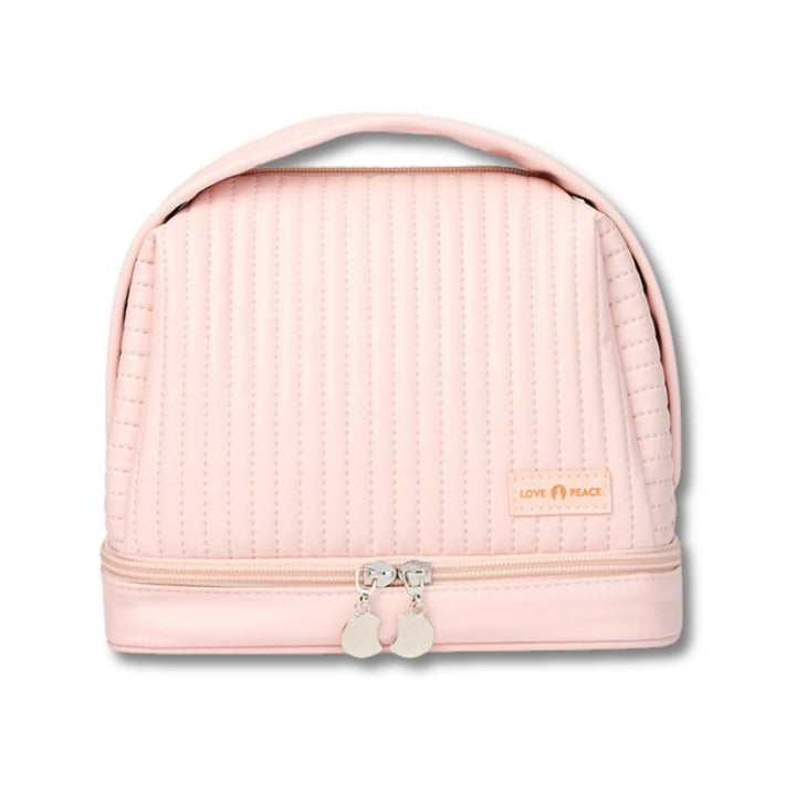 Borsa cosmetica rosa trapuntata con manico, chiusura a zip doppia, design elegante. Ideale per viaggi, organizzazione trucco e accessori.