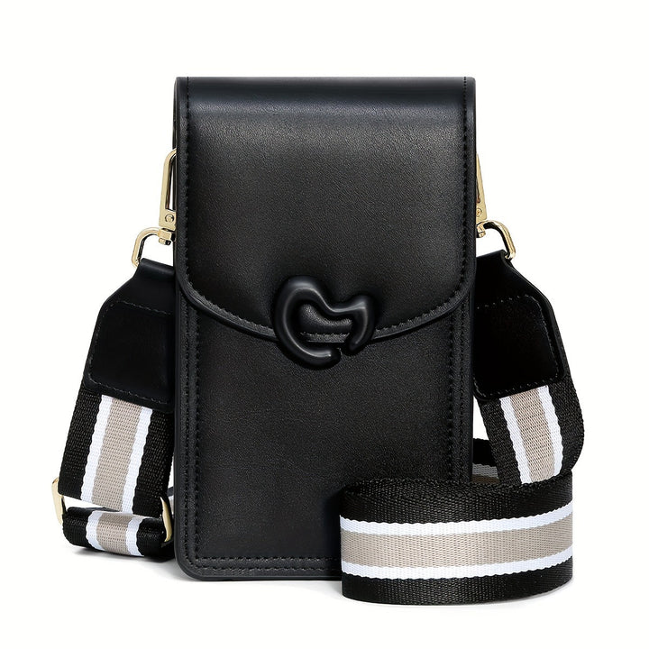 Borsa a tracolla nera in pelle con chiusura a scatto, cinturino regolabile a righe bianche e nere, design elegante e moderno per donna.